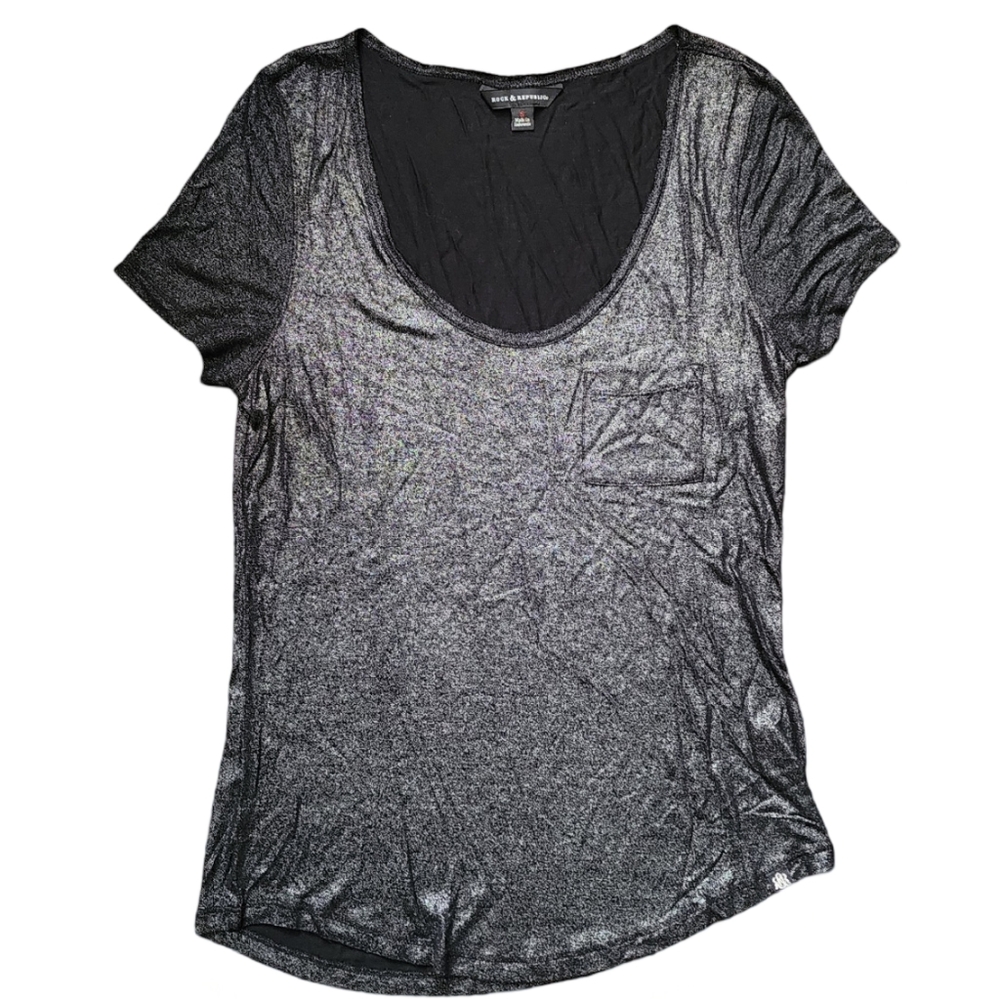 Rock & Republic Black Metallic Shimmer Pocket Tee Small 100% Rayon